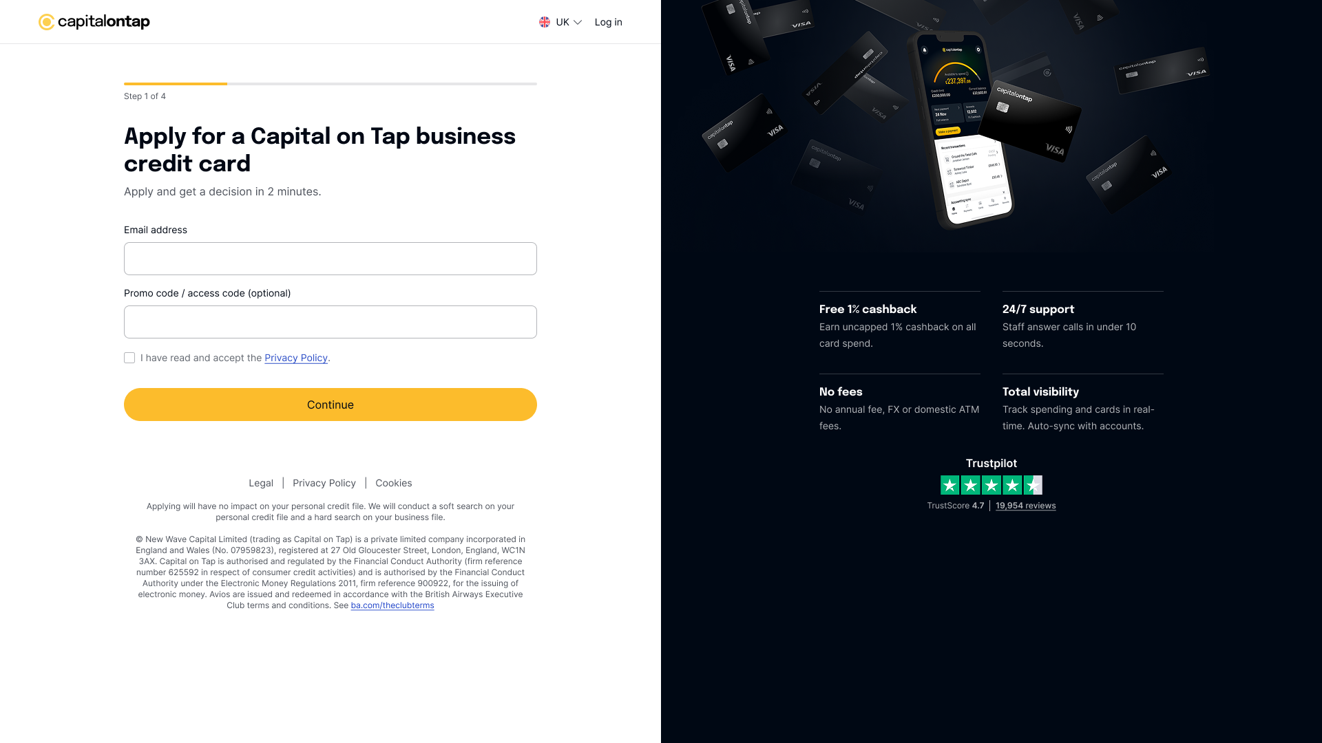 Capital on Tap online application page step 1 showing email address field and promo code entry, with key features listed: free 1% cashback, 24/7 support, no fees and total visibility