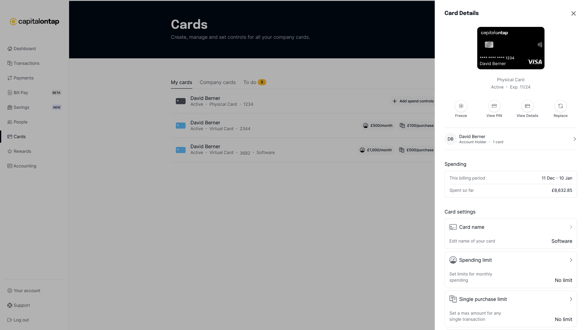 Capital on Tap cards management portal showing three active cards with spend controls panel open, displaying monthly spending limit and per-purchase limit settings for a virtual card