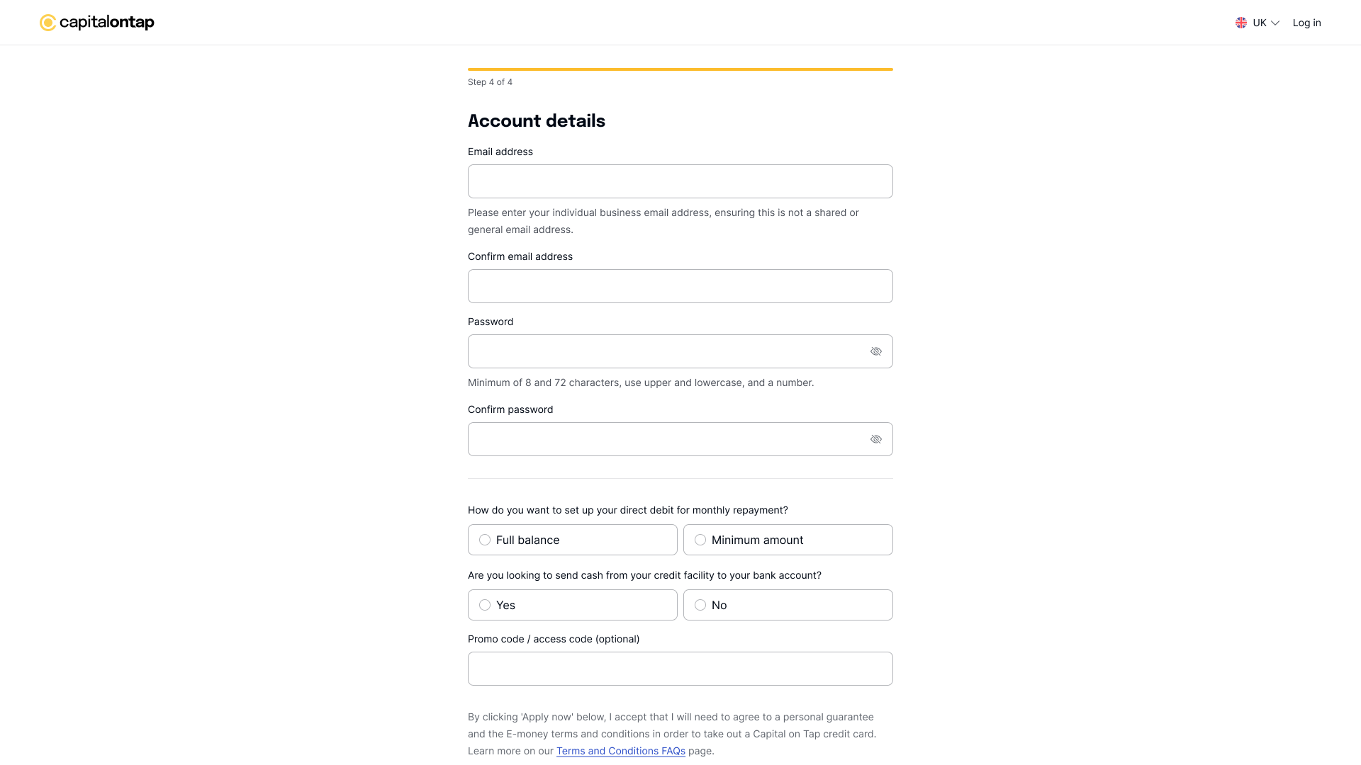 Capital on Tap credit decision screen showing a congratulations message with an initial credit limit offer of £50,000 and key information table disclosing 0% interest if repaid monthly or 4.94% monthly interest otherwise