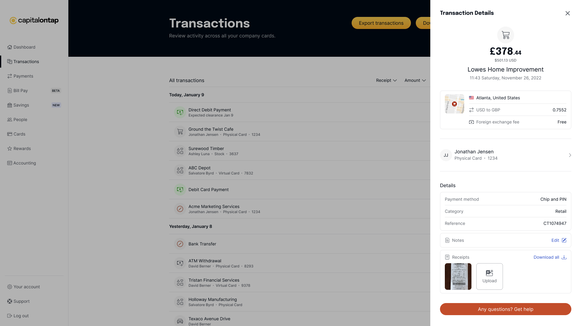 Capital on Tap transaction detail showing a £378.44 purchase made at Lowes Home Improvement in Atlanta, United States, with Foreign exchange fee listed as Free