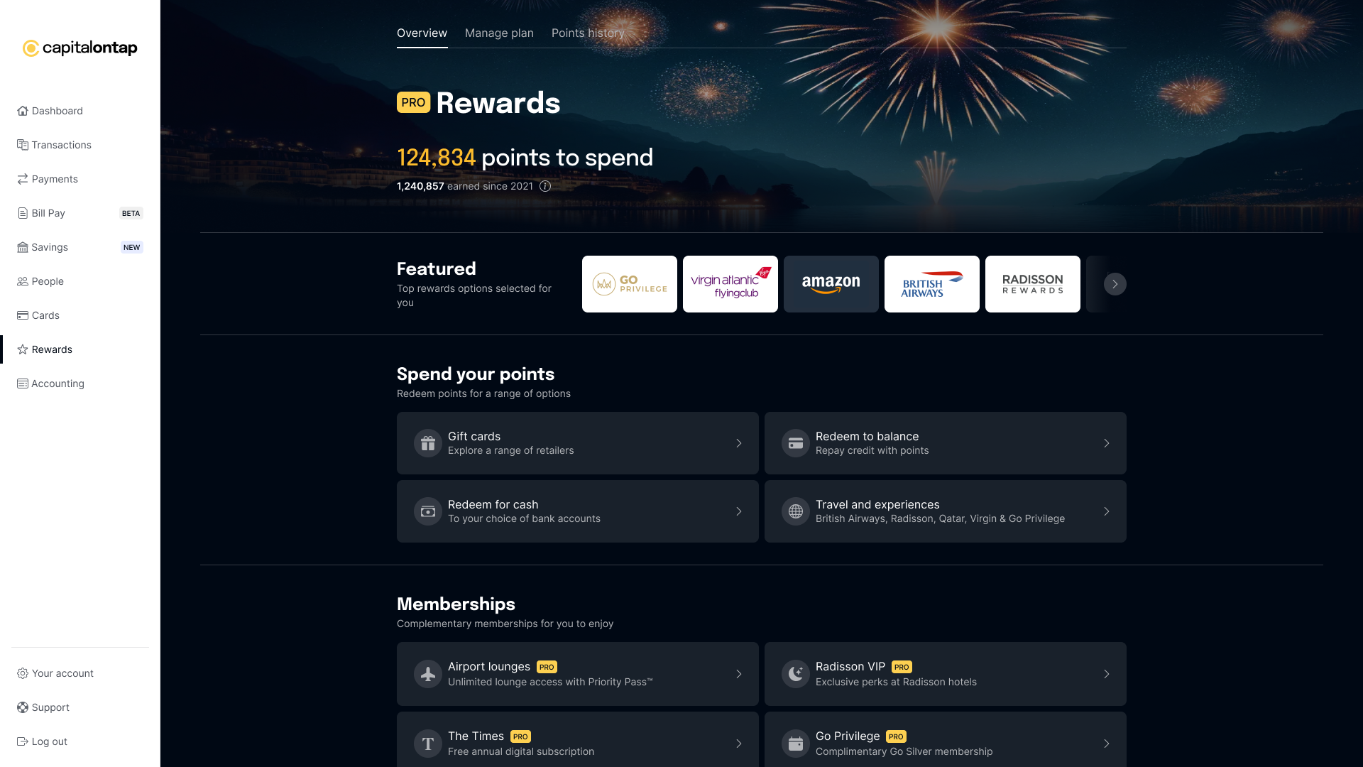 Capital on Tap Pro rewards portal showing 124,834 points available to spend with redemption options including Virgin Atlantic, Amazon, British Airways and Radisson Rewards listed as featured partners