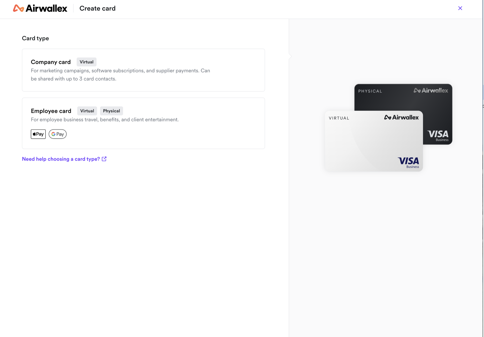 Airwallex Create card screen showing two card types, a virtual-only Company card and an Employee card available as virtual or physical, both supporting Apple Pay and Google Pay