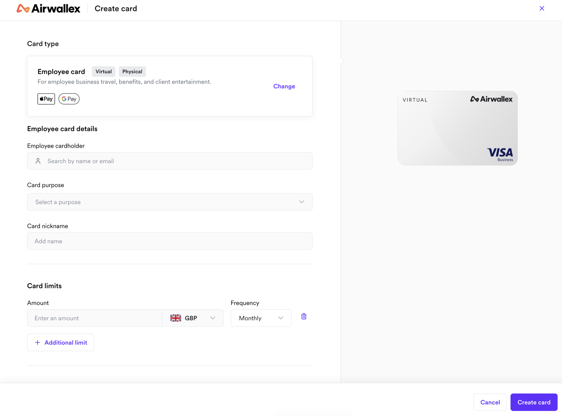 Airwallex employee card creation screen in a test account showing cardholder, card purpose and card nickname fields, with a card limit amount and a monthly frequency selector