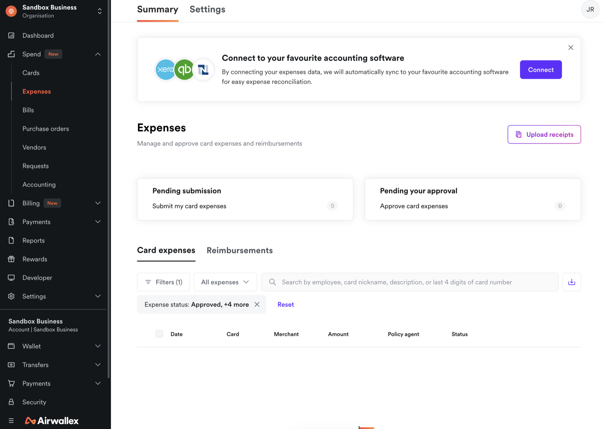 Airwallex Expenses screen in a test account showing pending submission and pending approval queues, a card expenses tab, and a banner offering sync to Xero, QuickBooks and NetSuite