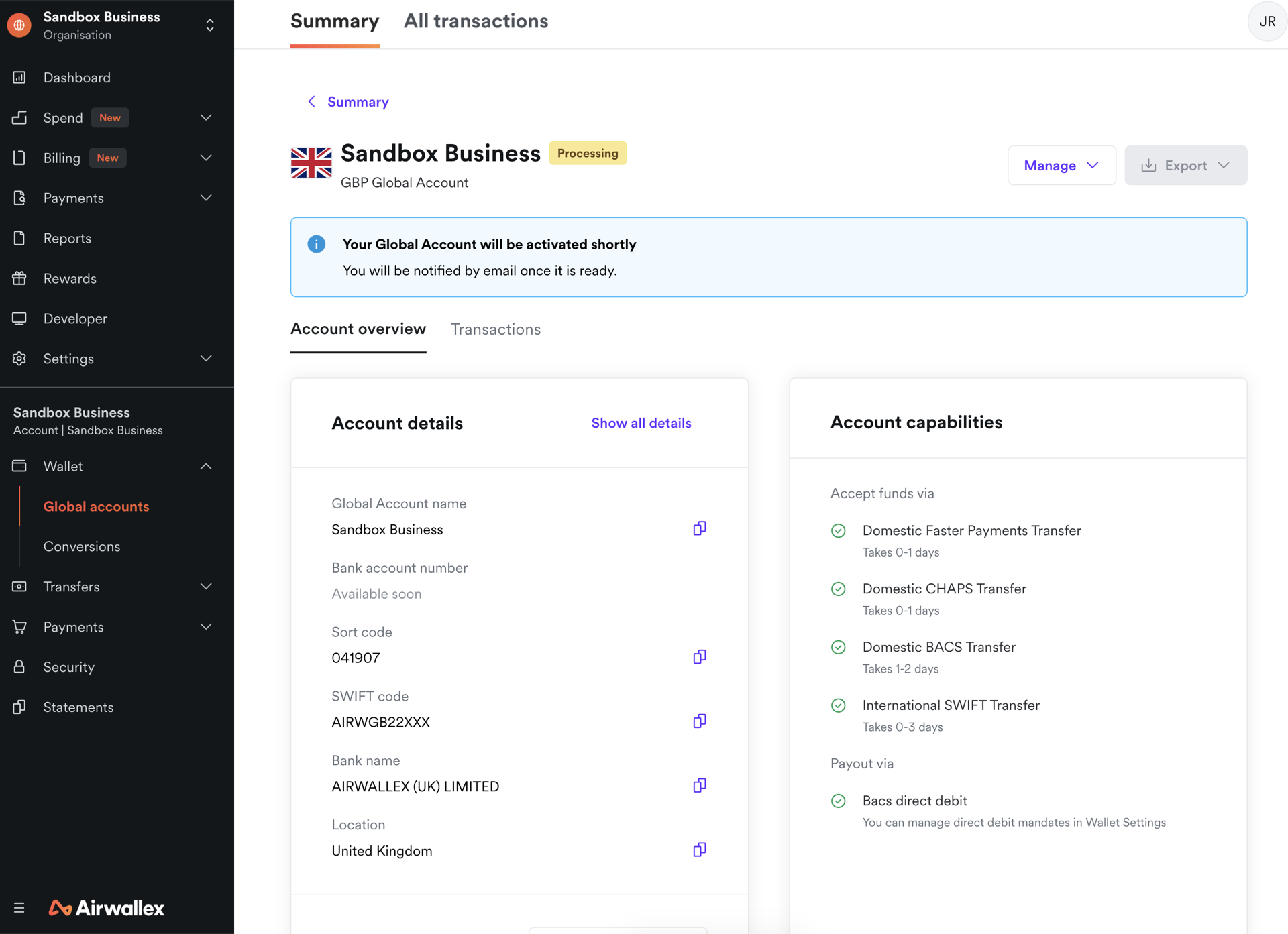 Airwallex GBP Global Account details in a test account, showing sort code 041907, SWIFT code AIRWGB22XXX, bank name AIRWALLEX (UK) LIMITED, and account capabilities covering Faster Payments, CHAPS, BACS and international SWIFT transfers