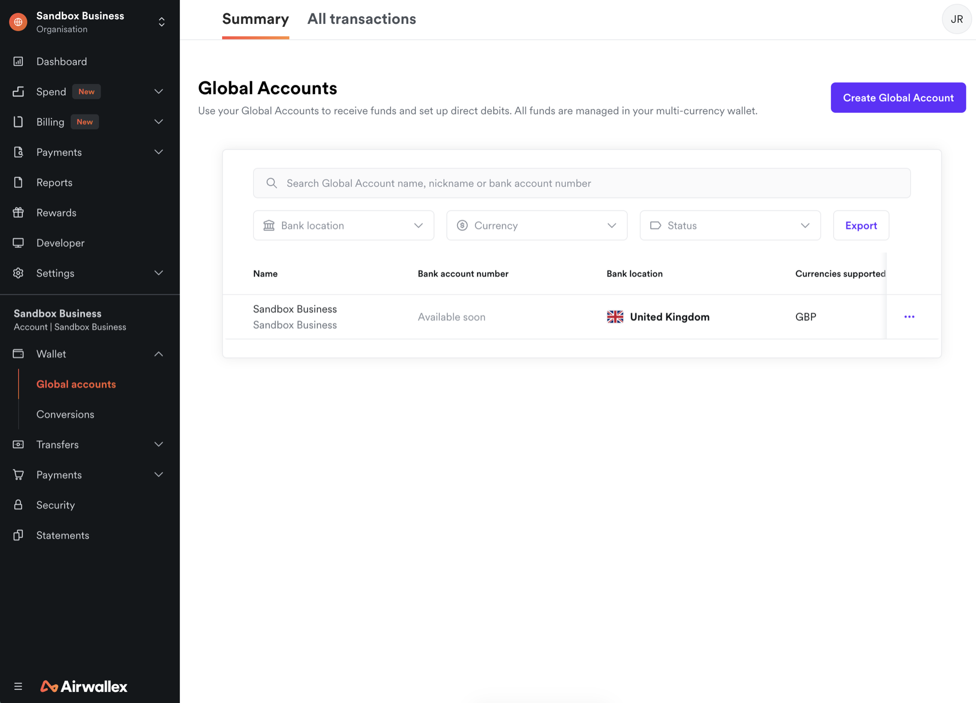 Airwallex Global Accounts screen in a test account, listing a UK GBP receiving account with its bank location and supported currency, and a Create Global Account button