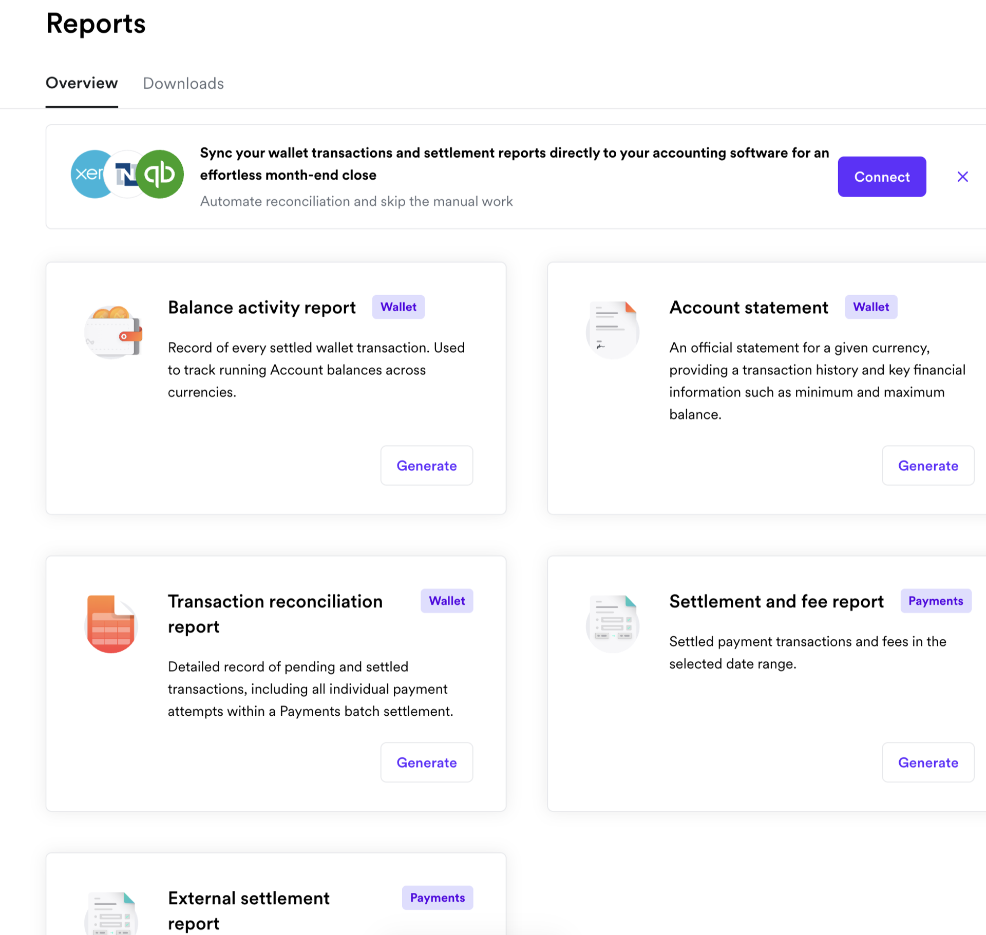 Airwallex Reports overview showing balance activity, account statement, transaction reconciliation and settlement and fee reports, above a banner offering sync to Xero, QuickBooks and NetSuite
