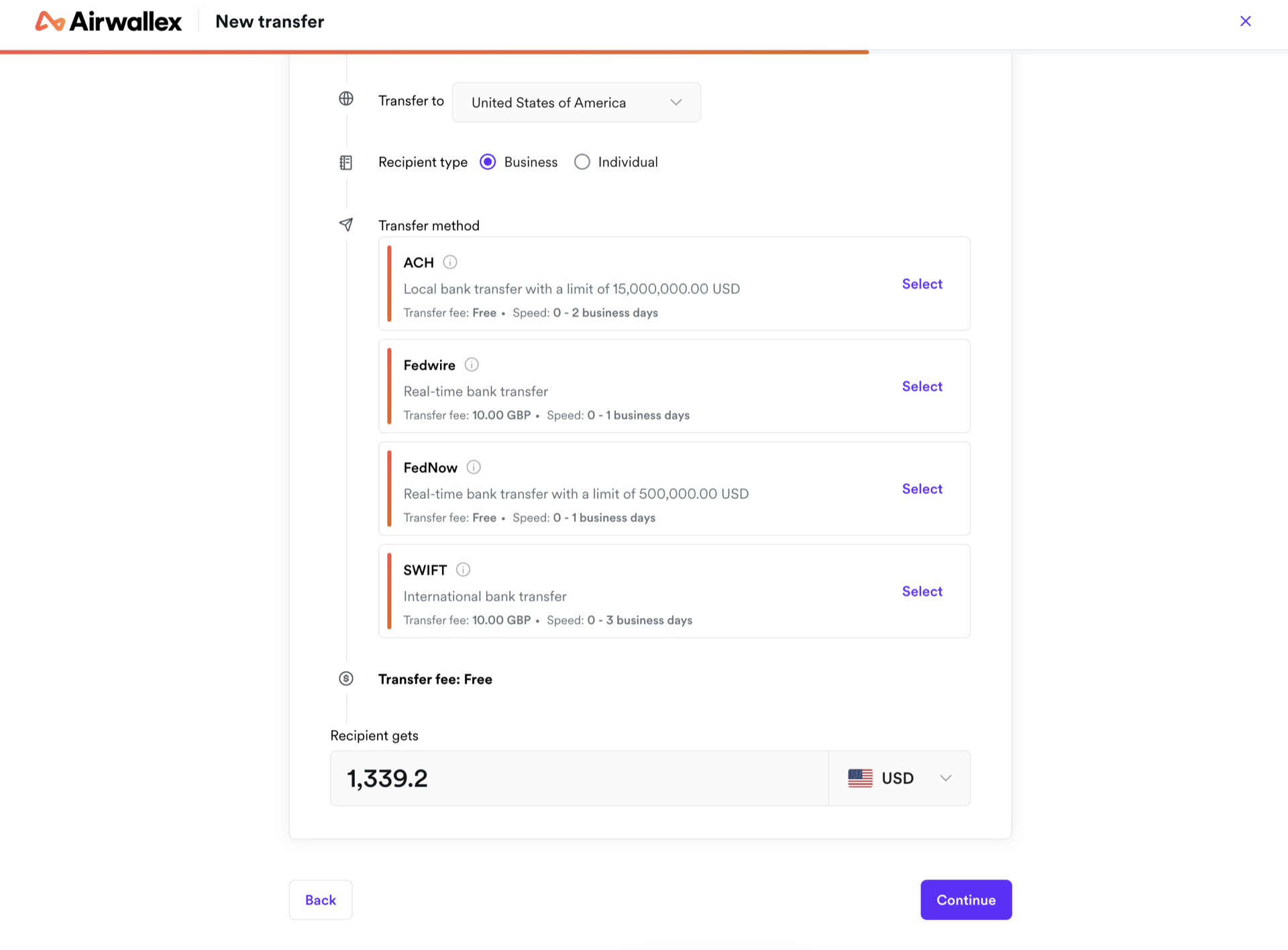 Airwallex new transfer screen listing four US payout routes with fees and speeds, ACH free over 0 to 2 business days, Fedwire £10 over 0 to 1 day, FedNow free over 0 to 1 day with a 500,000 USD limit, and SWIFT £10 over 0 to 3 business days