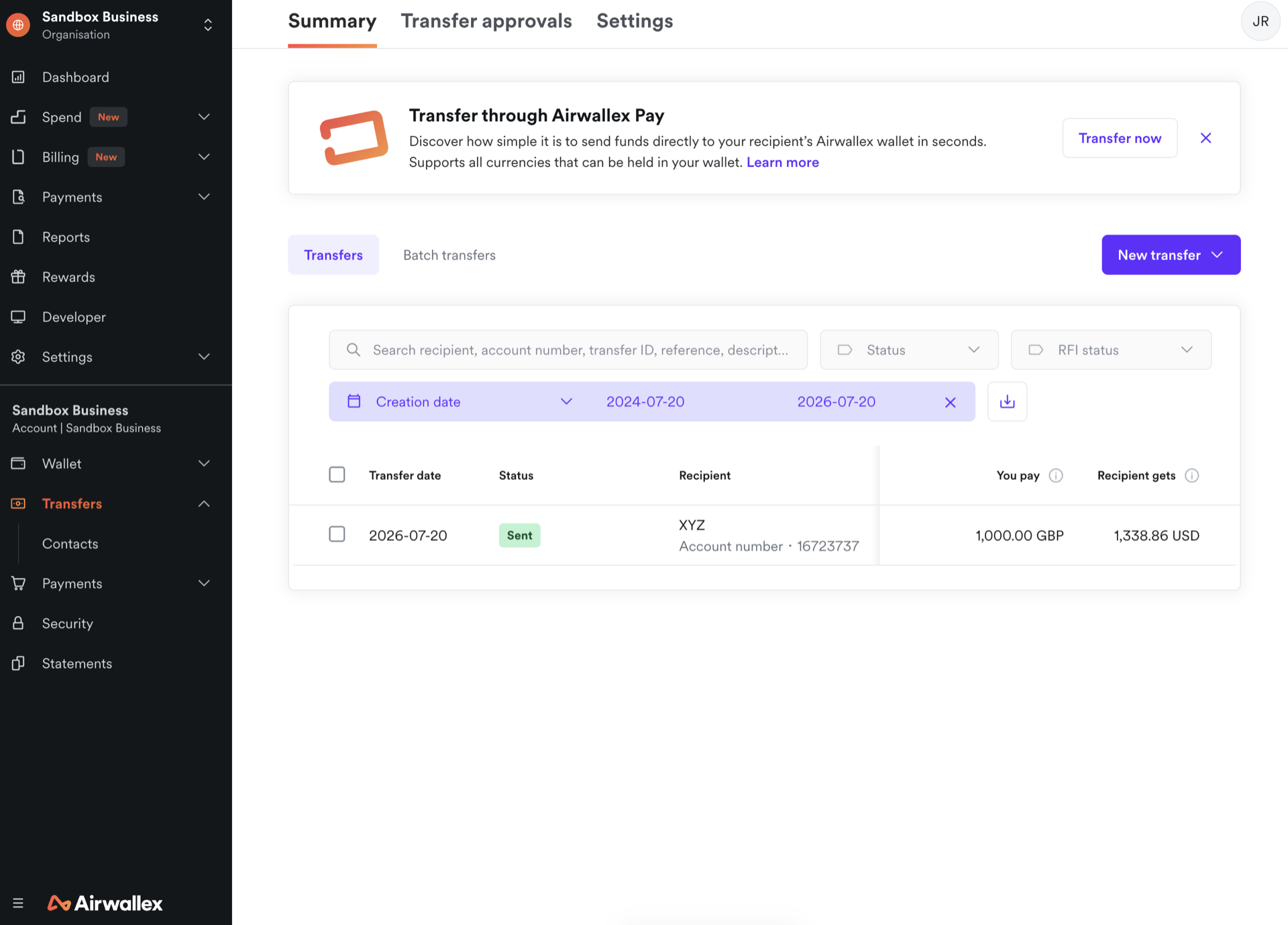 Airwallex transfers list in a test account showing one completed transfer dated 20 July 2026 marked Sent, paying 1,000.00 GBP and delivering 1,338.86 USD to a US recipient