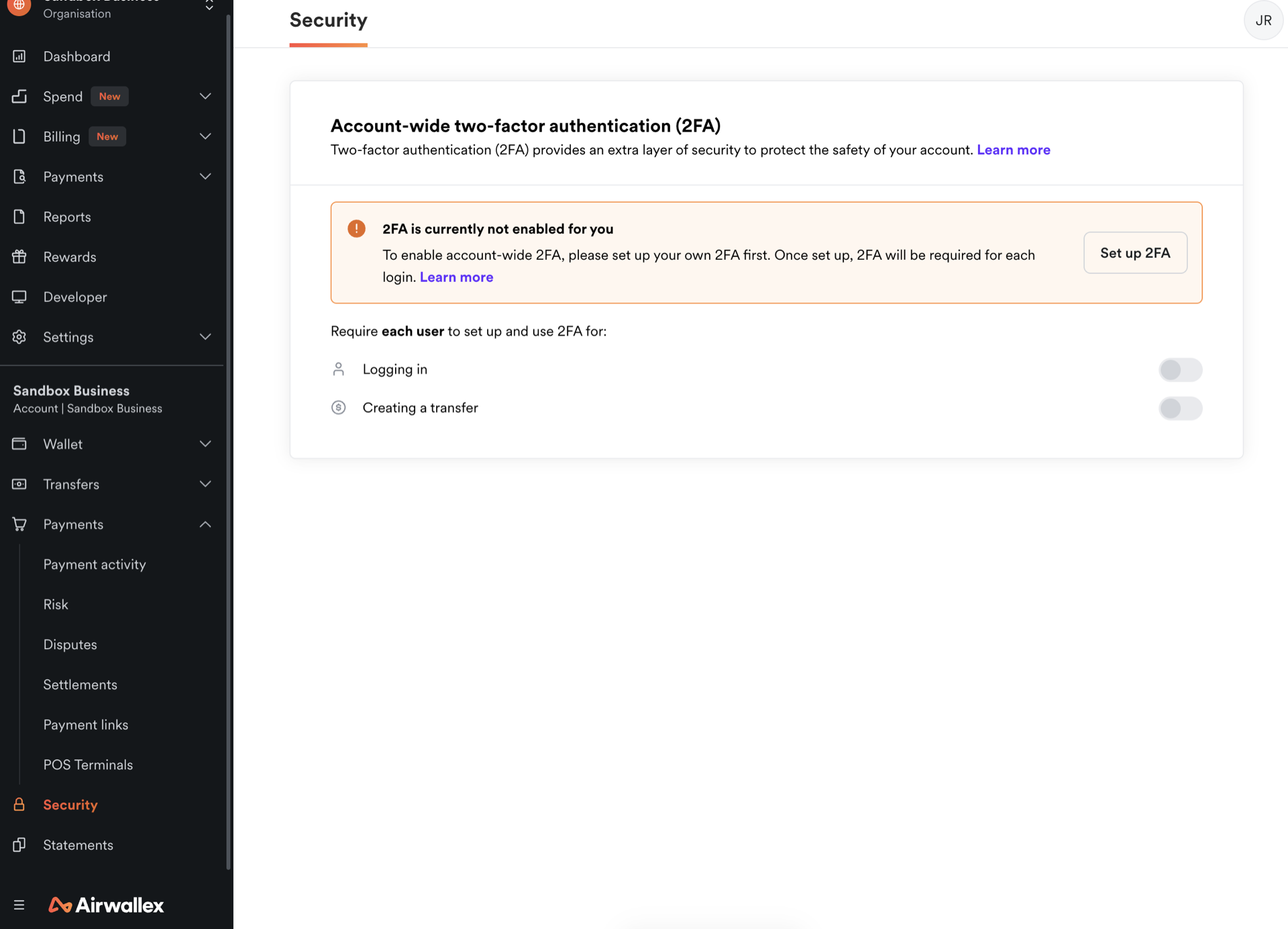 Airwallex Security settings showing account-wide two-factor authentication is not enabled, with separate toggles to require 2FA for logging in and for creating a transfer
