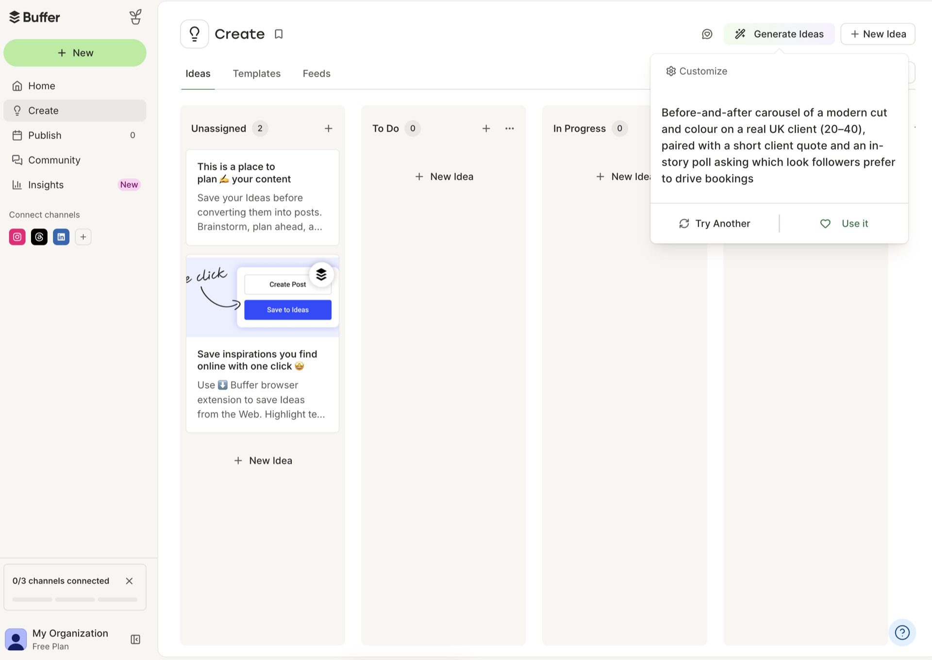 Buffer Create screen on a free account with the Generate Ideas panel open, showing an AI-written content idea for a hair salon: a before-and-after carousel of a cut and colour on a UK client paired with a client quote and an in-story poll, with Try Another and Use it buttons beneath it