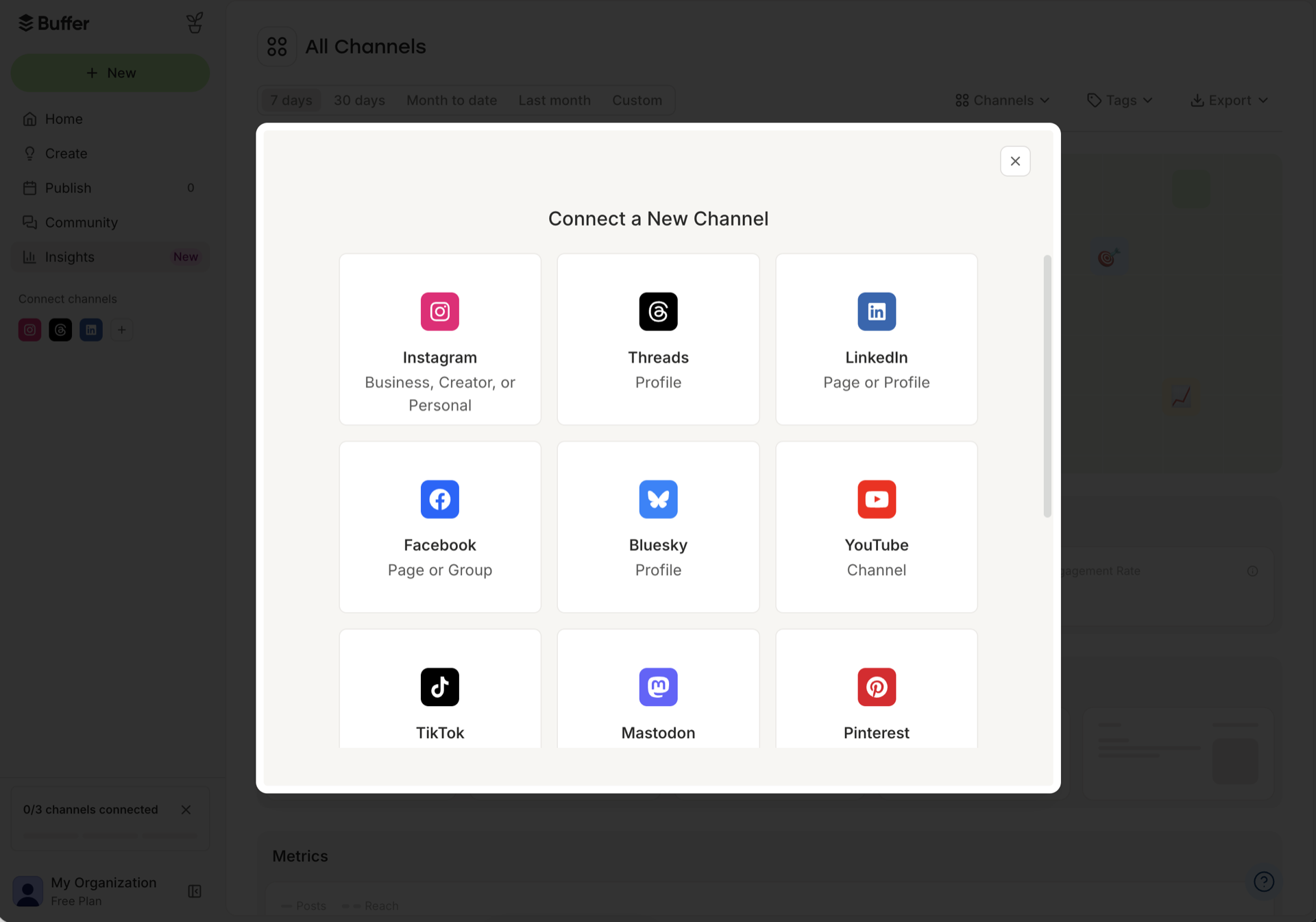 Buffer Connect a New Channel dialog listing nine supported channels: Instagram, Threads, LinkedIn, Facebook, Bluesky, YouTube, TikTok, Mastodon and Pinterest
