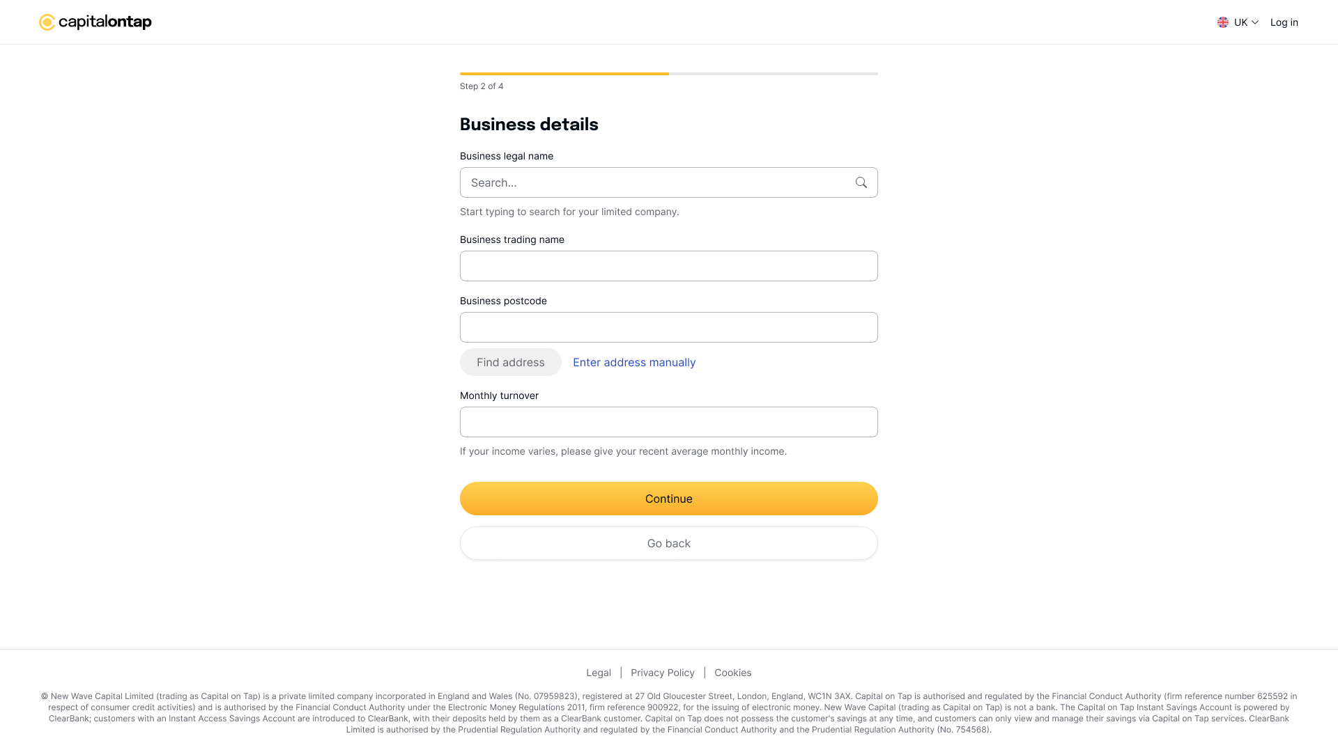Capital on Tap savings application, step 2 of 4, asking for business legal name, trading name, postcode and monthly turnover, above a regulatory footer stating that New Wave Capital Limited trades as Capital on Tap, is not a bank, and that the Instant Savings Account is powered by ClearBank Limited, which holds customer deposits