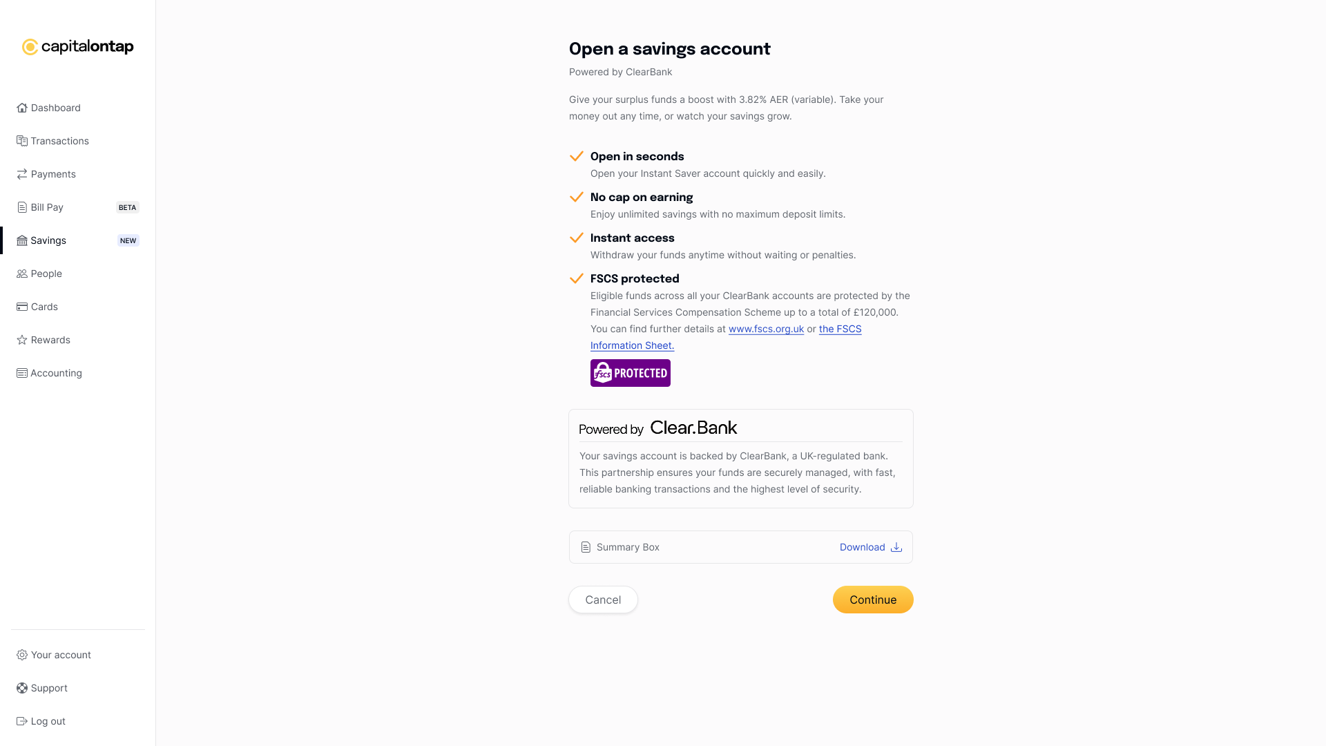 Capital on Tap Open a savings account screen showing 3.82% AER (variable), open in seconds, no cap on earning, instant access with no withdrawal penalties, and FSCS protection to a total of £120,000 across all ClearBank accounts, powered by ClearBank