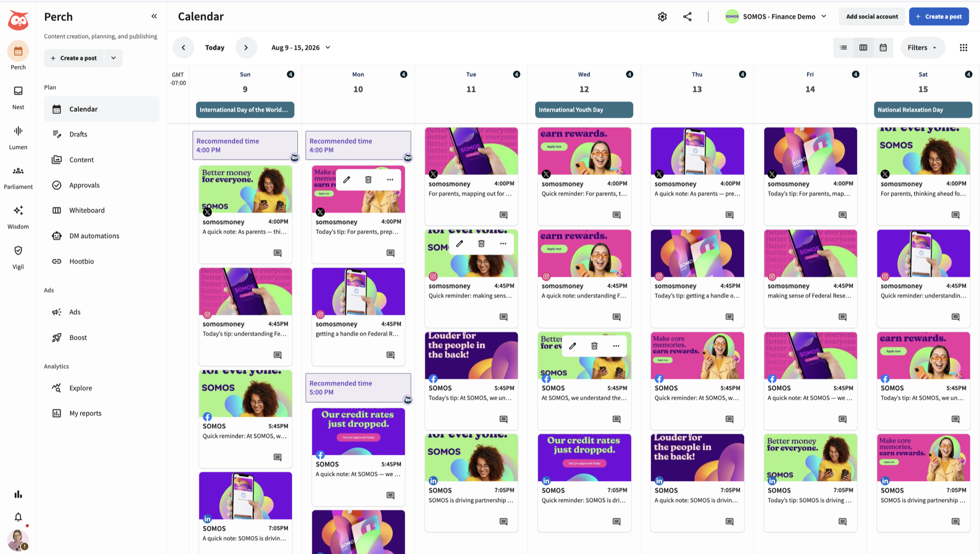 Hootsuite Perch calendar showing a week of scheduled posts from 9 to 15 August 2026, four posts a day across X, Instagram, Facebook and LinkedIn, with recommended posting times and awareness-day labels such as International Youth Day