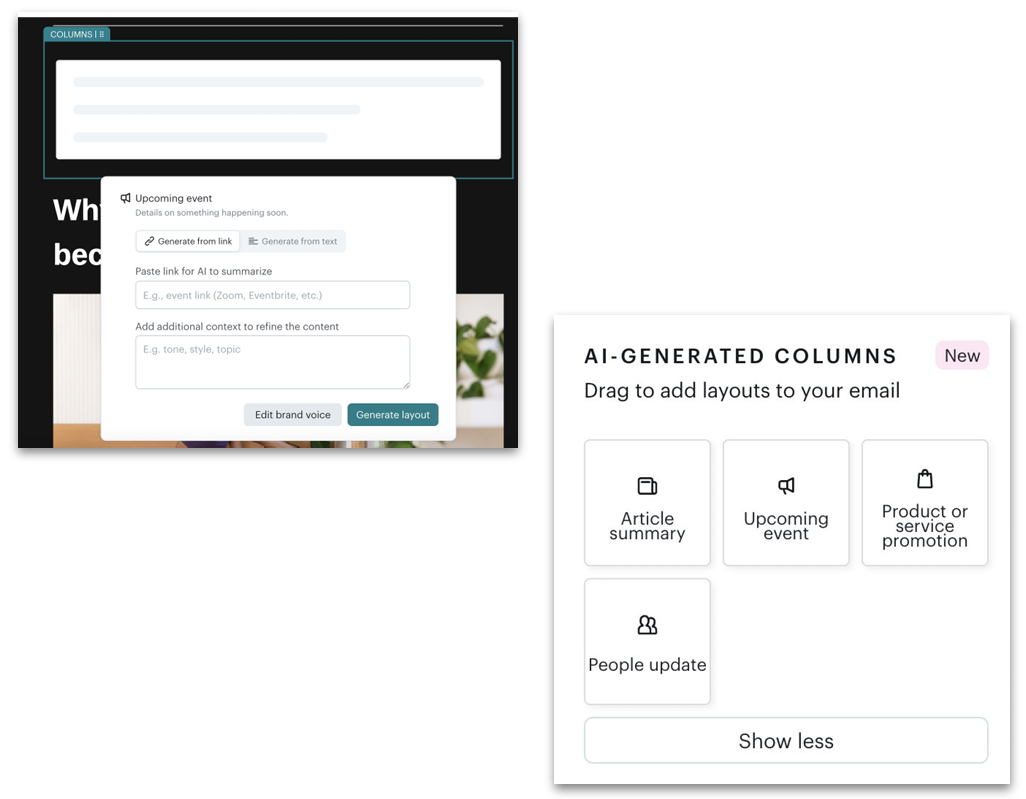 Mailchimp product image showing its AI-generated columns feature, offering Article summary, Upcoming event, Product or service promotion and People update layouts, beside a panel that builds an email section from a pasted link with added context for tone, style and topic